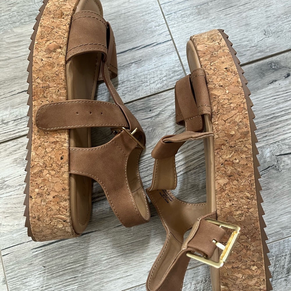 Soda Tan Cork Platform Sandals with Gold Buckle